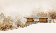 a drawing of a house on top of a snow covered hill with trees in the background