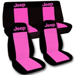 pink and black jeep seat covers with the word jeep on them