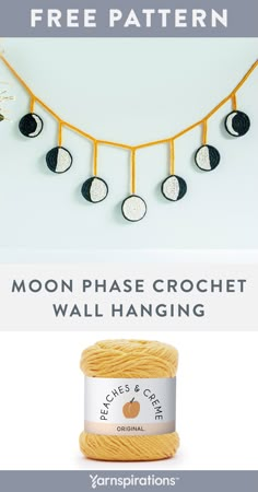 the moon phase crochet wall hanging pattern is shown in three different colors and sizes