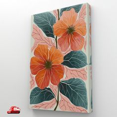 an orange flower on a white wall with green leaves and red flowers painted on it