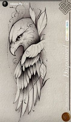 an eagle with wings and leaves on it's back is shown in this tattoo design