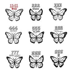 six different butterflies with the names of each species in black and white, on a white background