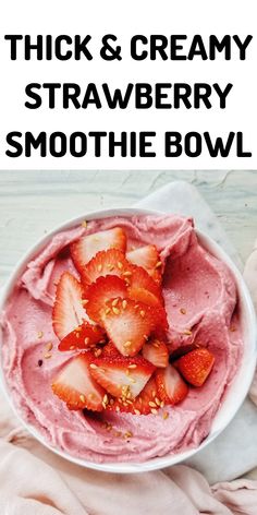 a bowl filled with strawberry cream and topped with strawberries