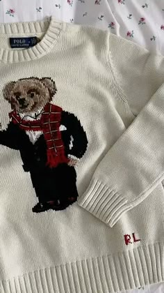 Teddy Sweater Outfit, Ralph Lauren Teddy Bear Sweater, Ralph Loren, Brunette Aesthetic, Teddy Bear Sweater