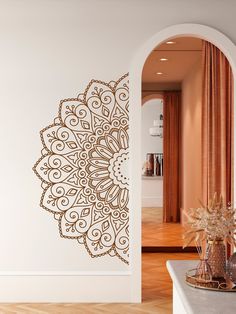 an ornate wall decal in a living room