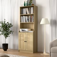 a living room with a bookcase, lamp and plant in the corner next to it