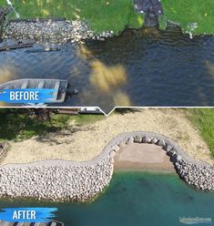 before and after photos of a river that has been turned into a lake with water