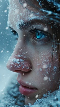 a woman with blue eyes and snow all over her face is staring into the distance