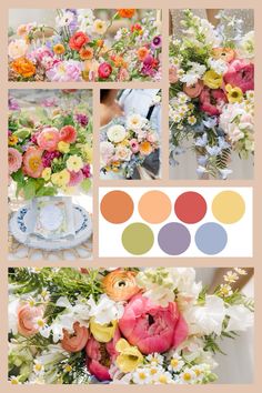 a collage of different flowers and colors with the text, color palettes for your wedding