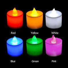 four different colored candles are shown with the names in each candle and one is white, red, yellow, blue, green, pink