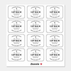 twelve labels for lip balm and lip balm, with the words lip balm written