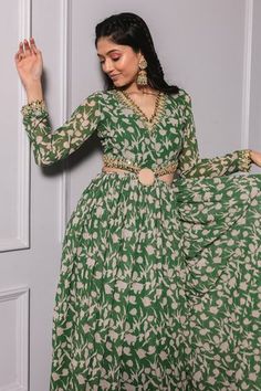 Shop for  Green Poly Georgette Floral Print Cut-out Anarkali Dress for Women Online at Aza Fashions Bandhni Kurti Designs Latest, Latest Gown Designs, Green Anarkali Dress, Printed Anarkali, Anarkali Dress Pattern, Traditional Indian Dress, Indian Dresses Traditional, Georgette Dress, Designer Dresses Casual