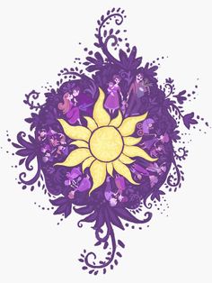 an image of the sun surrounded by purple and yellow flowers with text that reads, disney princess