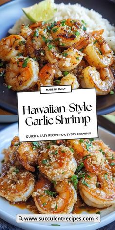 two plates filled with shrimp and rice on top of a wooden table next to a sign that says hawaiian style garlic shrimp