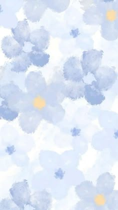 an abstract painting of blue and yellow flowers on a white background with light gray clouds