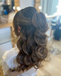 By @d__hairstylist on instagram! Glamour Half Up Half Down, Hoco Hairstyles For Brown Hair, Deb Hair Styles, Wedding Hairstyles Half Up Half Down Curly Long Hair Accessories, Down Hair Styles Bridesmaid, Hairstyle Ideas For Long Hair Half Up, Bridal Hair Half Up Half Down Brunette, Half Down Updo, Half Up Half Down Ponytail With Braids