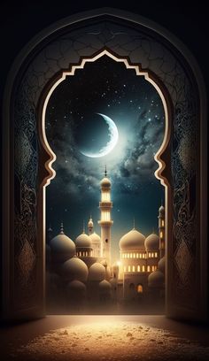 an open doorway to a mosque with the moon in the sky and stars above it