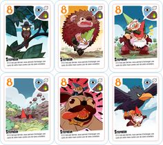 six cards with different cartoon characters on them, each featuring an owl and other animals