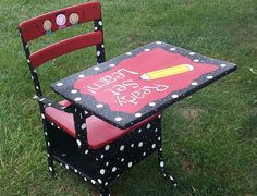 a child's desk and chair made to look like it has been painted with polka dots