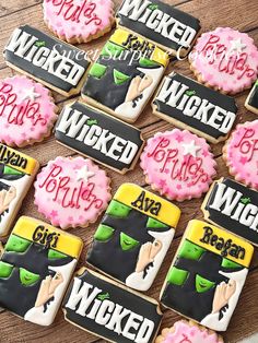 decorated cookies are arranged in the shape of women's names and words on them