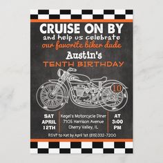 an orange and black motorcycle birthday party card