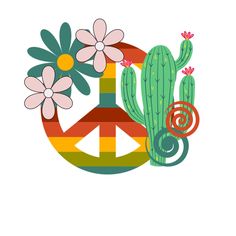 a peace sign with flowers and a cactus