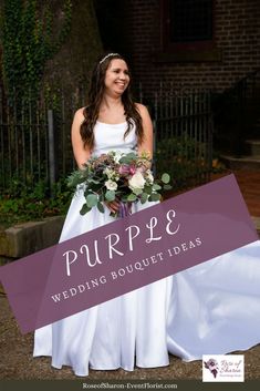 a woman in a white wedding dress holding a bouquet with the words purple on it