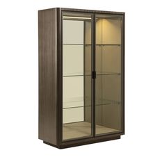 an empty display case with glass doors on the front and bottom shelves in dark wood