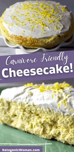 there is a cake with lemons on it and the words canmore friendly cheesecake