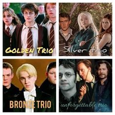 the four main characters in harry potter's movies, from left to right ron and hermi