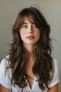 Bring movement, dimension and intrigue to long hair with layers and bangs. Chic Haircut, Haircuts For Long Hair With Layers, Layered Hair With Bangs, Long Layered Haircuts, Long Hair With Bangs, Long Layered Hair, Haircuts For Long Hair, Makati, Long Hair Cuts