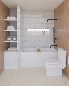 a bathroom with a toilet, bathtub and shelving unit in white marbled wood