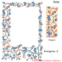 an ornate frame with blue flowers and leaves on it, is shown in the shape of a