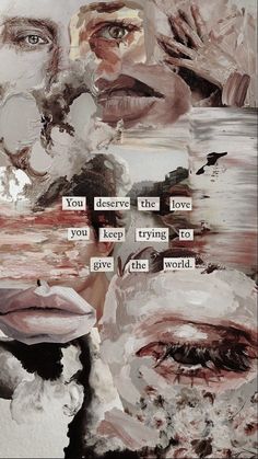 a collage of images with words written on them, including an image of a woman's face