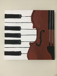 a painting of a violin with black and white piano keys on it's side