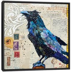 a painting of a blue bird sitting on top of a piece of paper with stamps all over it