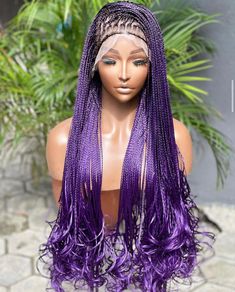 *Completely handmade! *Knotless braided wig with silky wavy extensions.  DISPLAYED COLOR; Purple with dark base. *Made on a 💯 human hair frontal lace *Lace can be dyed. Knotless braids are smaller size braids, so it's more easier and lightweight to work with. All wig styles can be customized to customer's preferable length and color. Made with one cap size that fits all head size. Adjust/ tighten/ pull the elastic band at the back to keep the wig in place. Sleek and comfortable to wear. Great f Dyed Knotless Braids, Frontal Braided Wig, Size Braids, Knotless Braided Wig, Wavy Extensions, Wigs Styles, Curly Braids, Wig For Black Women, Spiral Curls