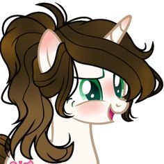 a drawing of a pony with long brown hair and green eyes