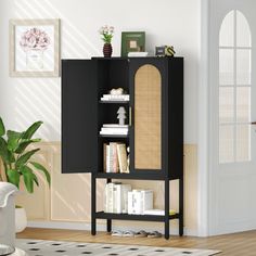 a living room with a black cabinet and bookshelf next to a potted plant