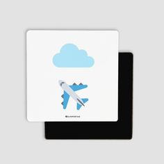 a card with an airplane flying in the sky and clouds on it's back