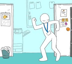 a stick figure standing in front of two refrigerators with magnets on the doors