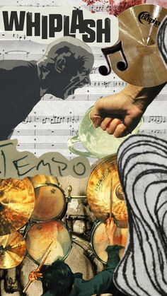 a collage of various musical instruments and hand with the words whiplash on it