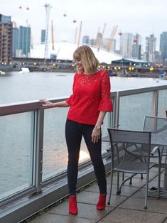 Red Lace Top And Red Ankle Boots Red Ankle Boots Outfit, Ankle Boots Outfit Summer, Red Heels Outfit, Basic White Blouse, Red Top Outfit, The Story So Far, Black Pants Outfit