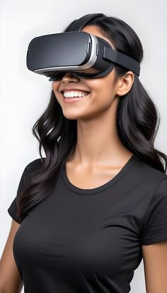 A happy latin woman with a virtual reality headset on white background Graphic Resources, White Background, Photography, White