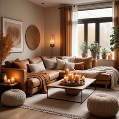 a living room filled with lots of furniture next to a large window covered in candles