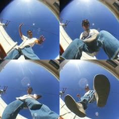 multiple shots of a man doing tricks on his skateboard in front of the camera