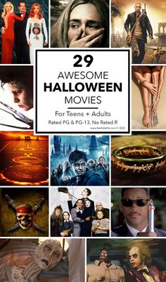 the movie poster for 29 awesome halloween movies with pictures of people and their names on them