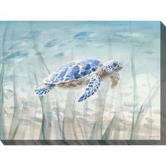 a painting of a sea turtle swimming in the ocean with grass and sand around it