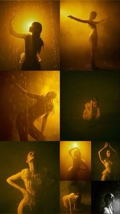 a series of photos showing different poses in the dark and yellow light, with one woman dancing