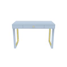 a white desk with yellow legs and a drawer on the top, against a white background